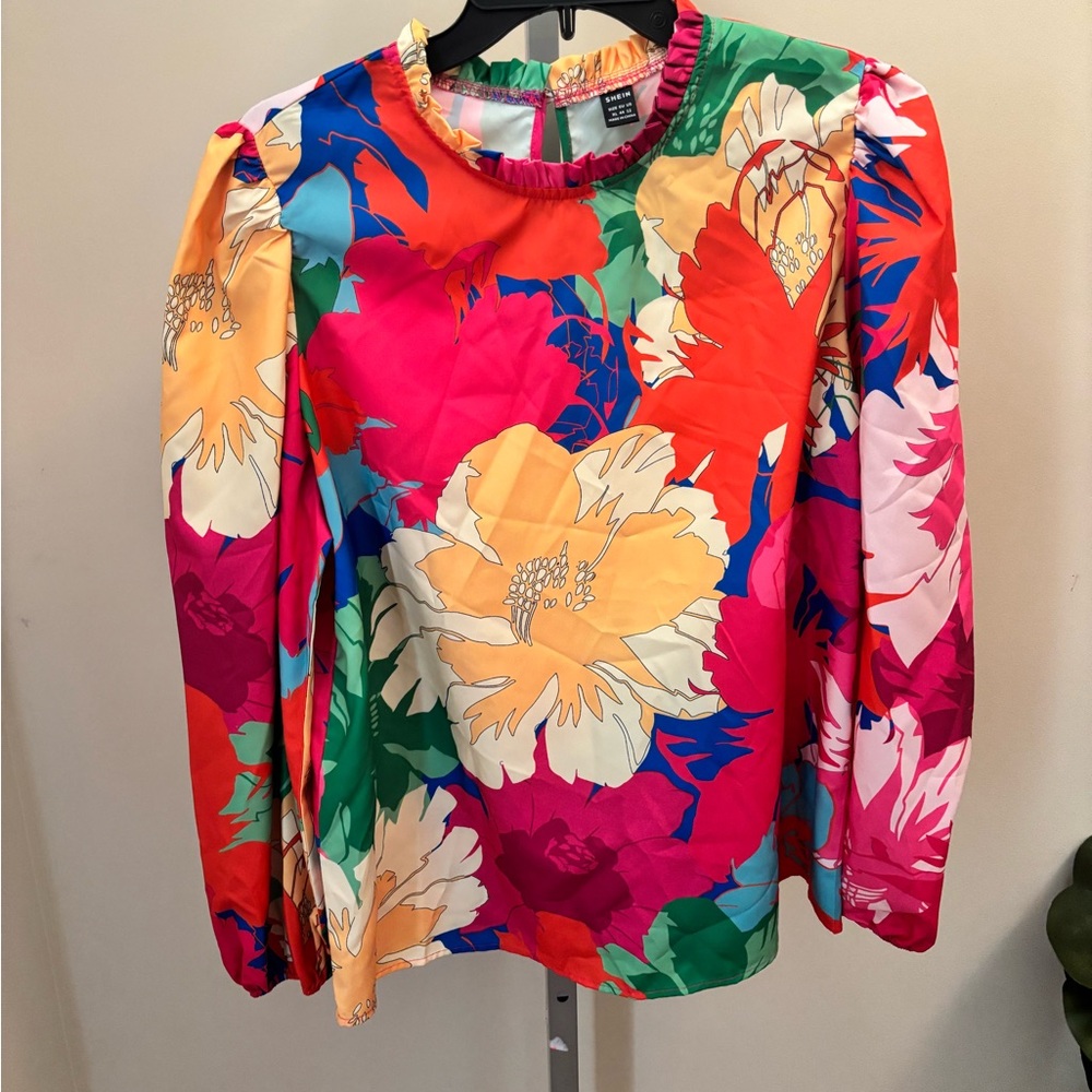 SHEIN Ruffled Pink Orange Blouse with Peter Pan Collar